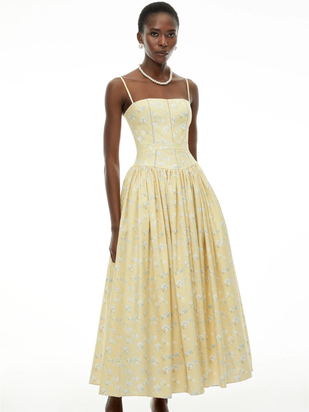 Yellow Floral Midi Dress with Spaghetti Straps
